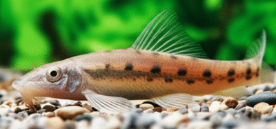 Chinese Algae Eater laying on gravel in a planted aquarium