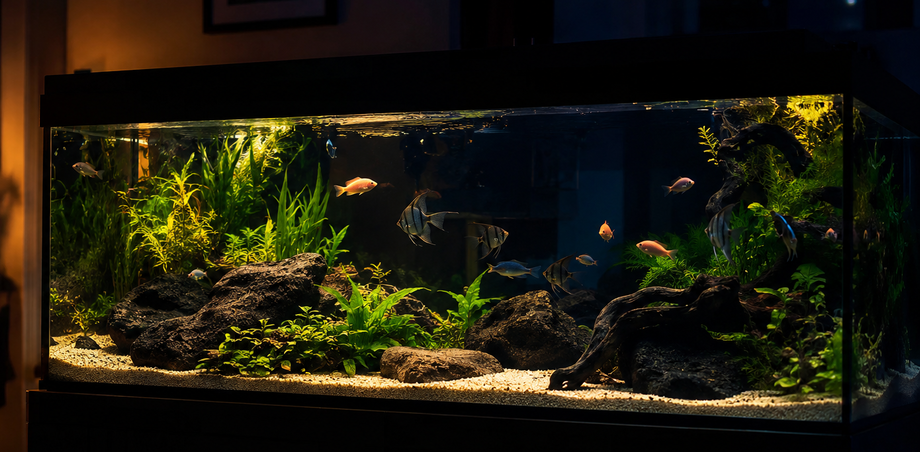 photo realistic image of an aquarium at night. AI generated image of