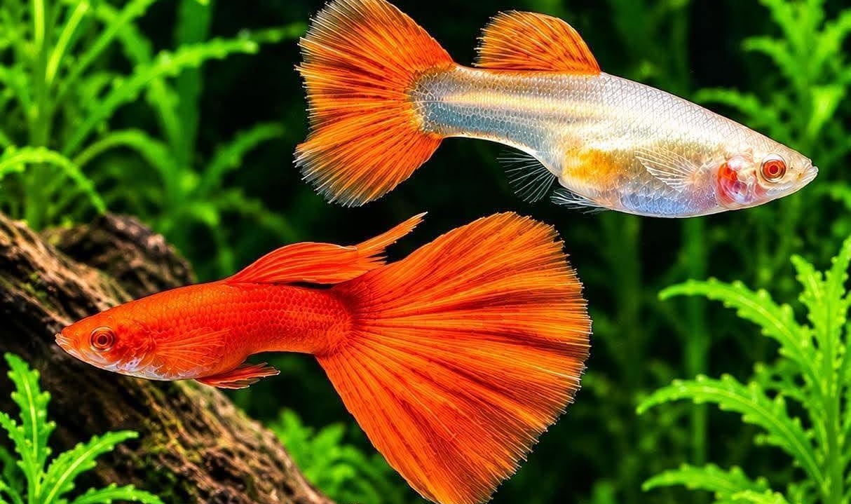 photo of a male and female orange fin guppy